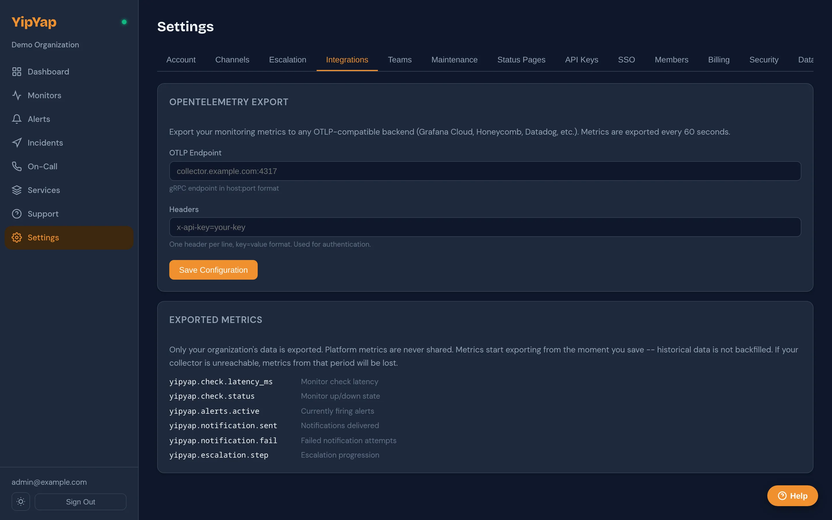 OpenTelemetry integration settings