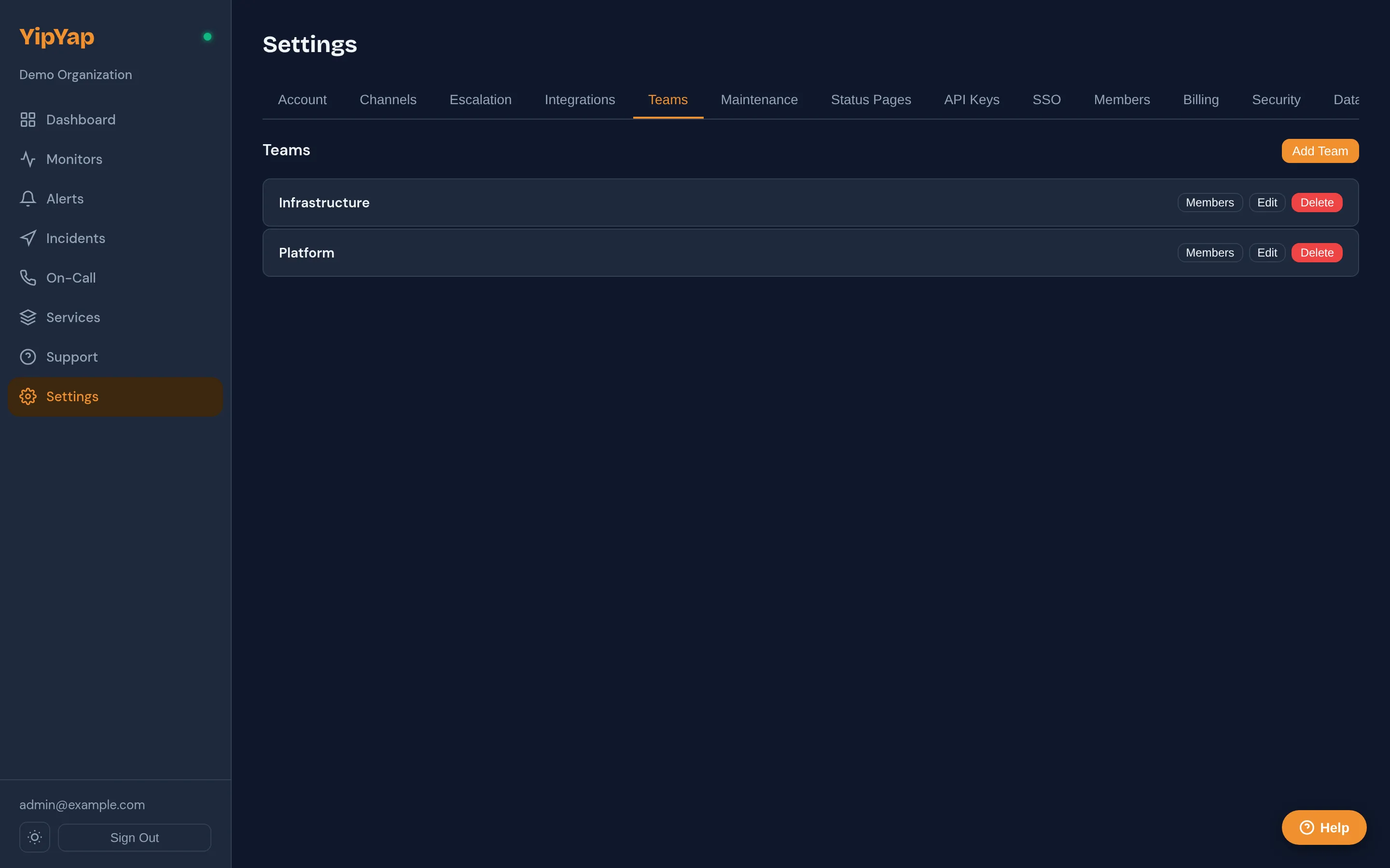 Teams management page